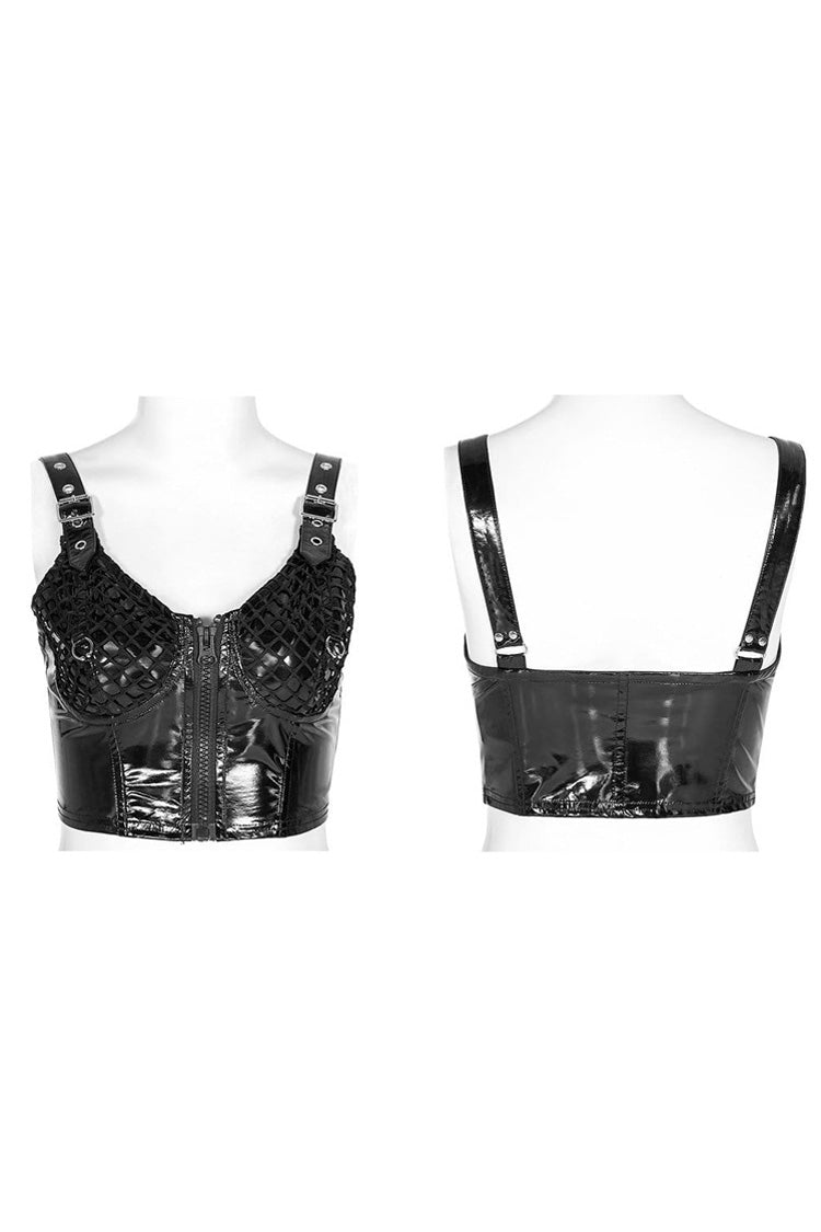 Punk Vest with Metal Buckle Straps, Mesh Splice & Press Glue Detail