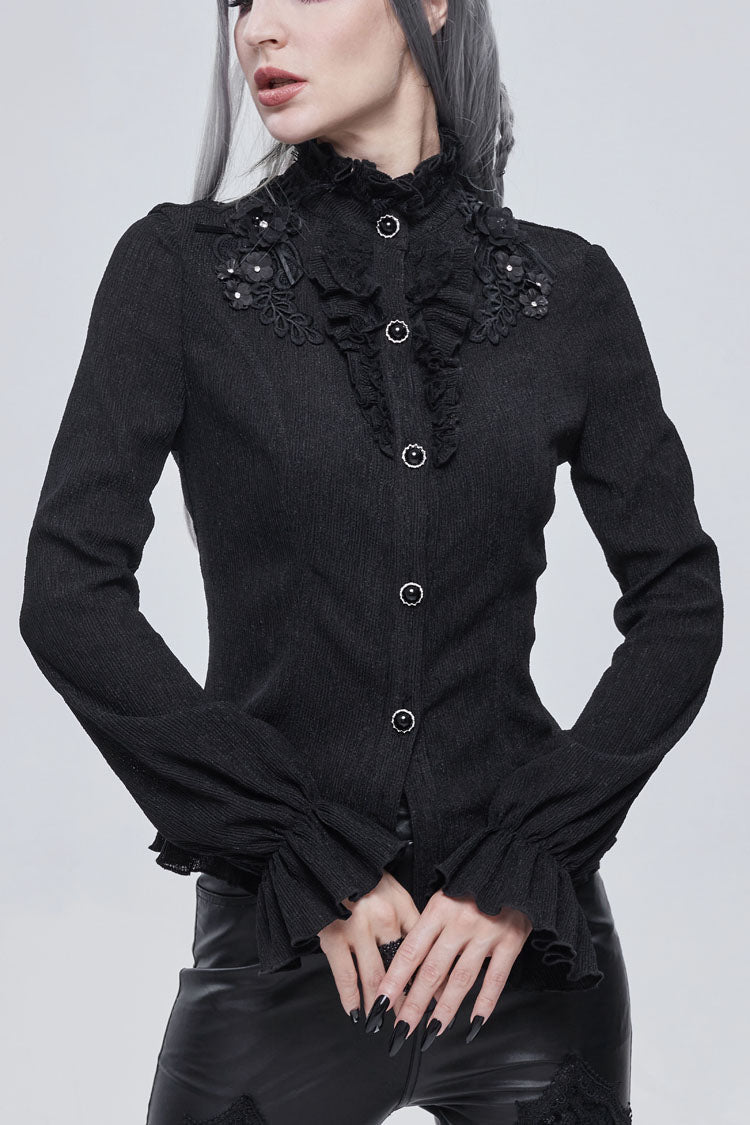 Gothic Shirt with High Neck Lantern Sleeves and Embroidered Details