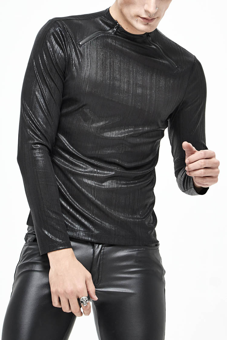 Slim Steampunk Long-Sleeve Top with Zip Neckline for Men - Noir