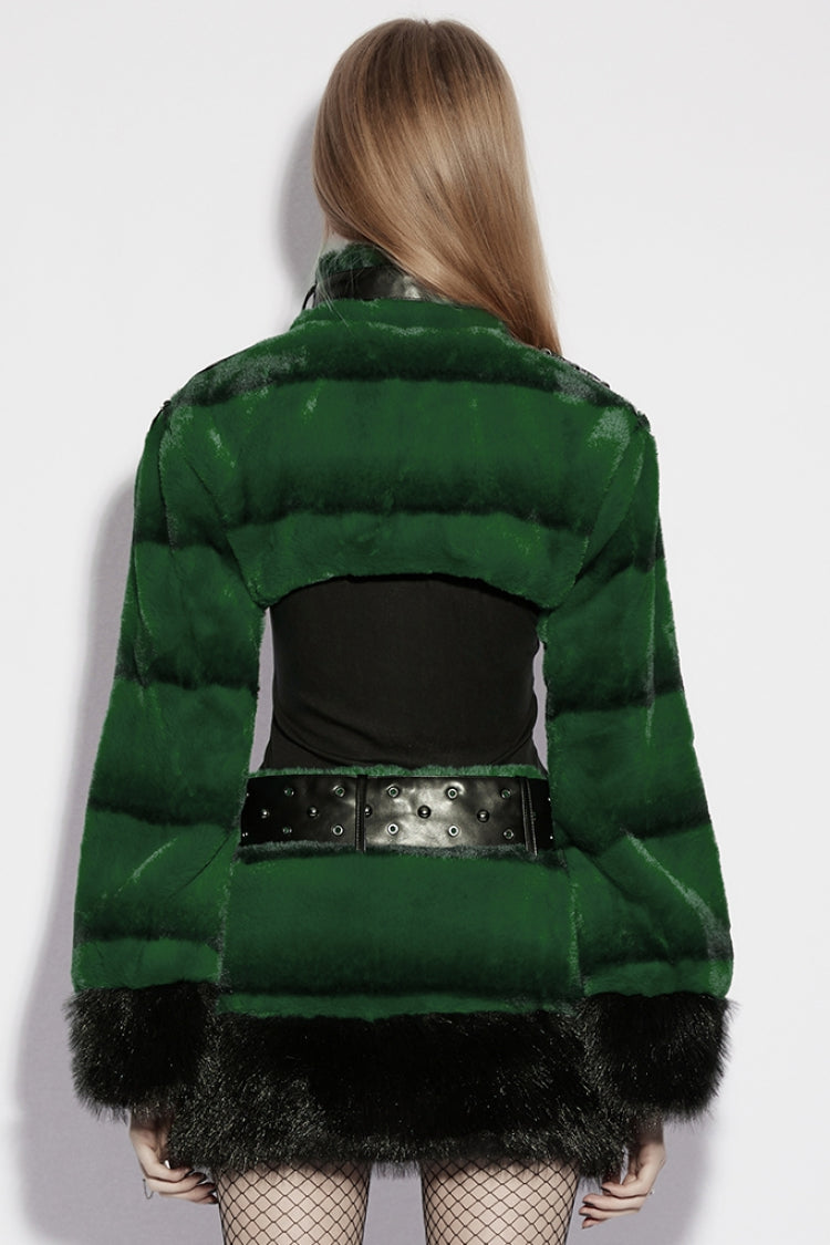 Emerald Stand Collar Long Sleeve Buckle Straps Faux Fur Punk Short Cloak for Women