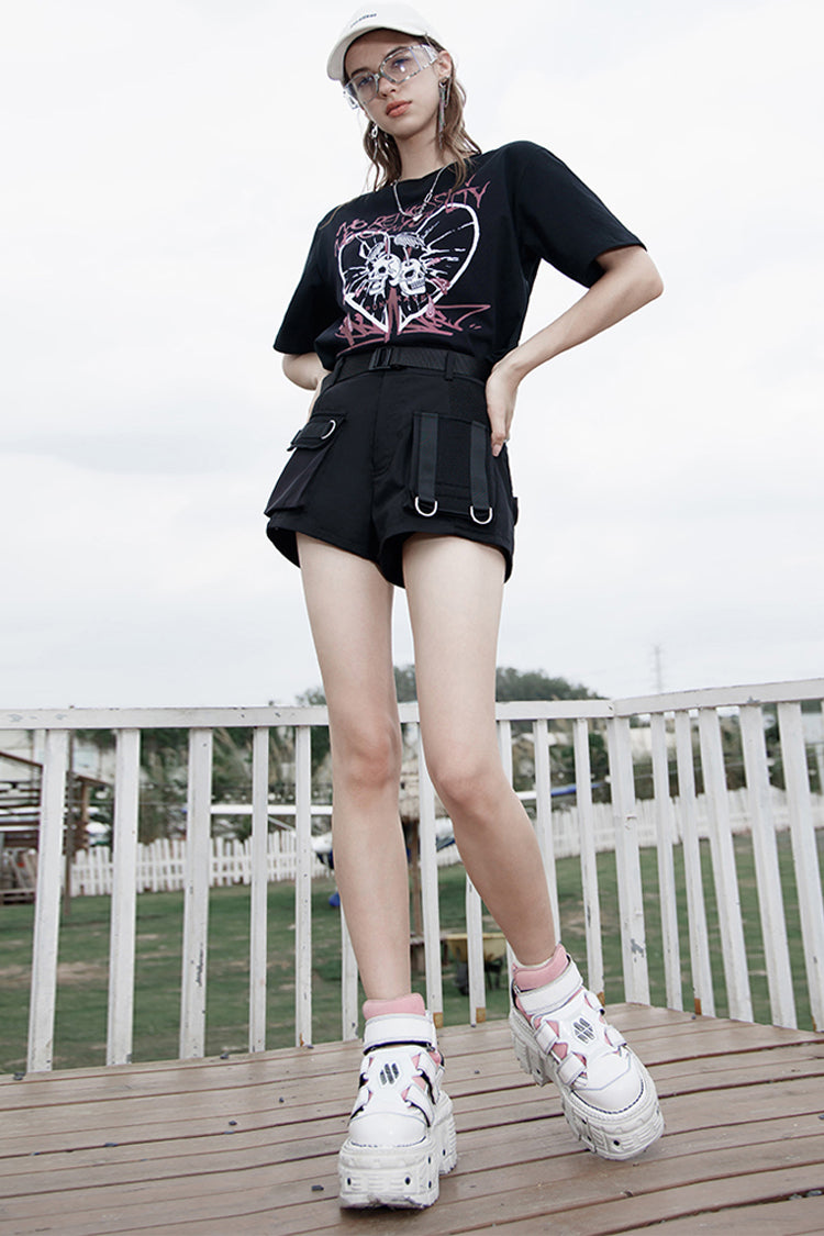 Women's Punk Shorts with High Waist and Multi-Level Pocket Clasp Belt