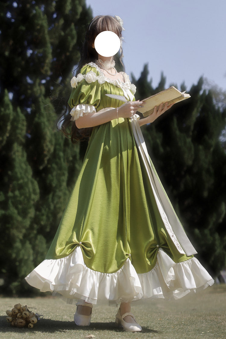 Emerald Square Neck Short Sleeve Ruffle Bow Sweet Regency Vintage Lolita Dress