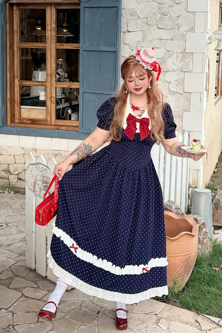 Polka Dot V-Neck Ruffled Bow Lace Plus-Size Preppy Dress