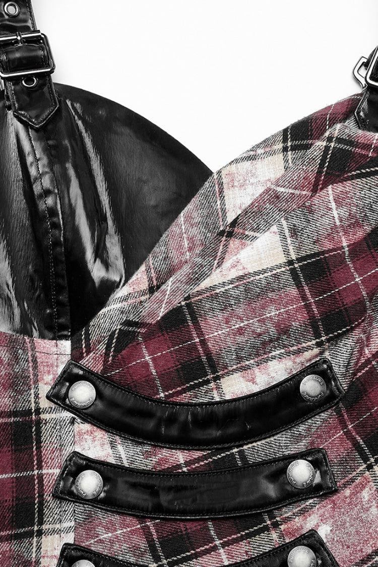 Crimson Noir Leather Strap Plaid Ruffle Irregular Steampunk Dress