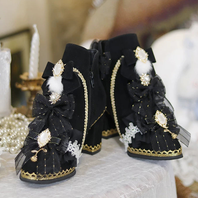 Sweet Luxurious Lolita Ankle Boots with Chunky Heel and Pom-Pom Bow Pearl Detail