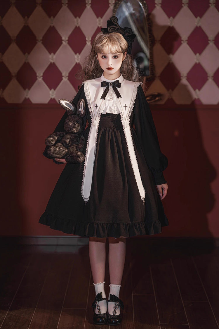Elegant Nun-Inspired Gothic Dress with Ruffled Bow and Lace, Long Sleeves