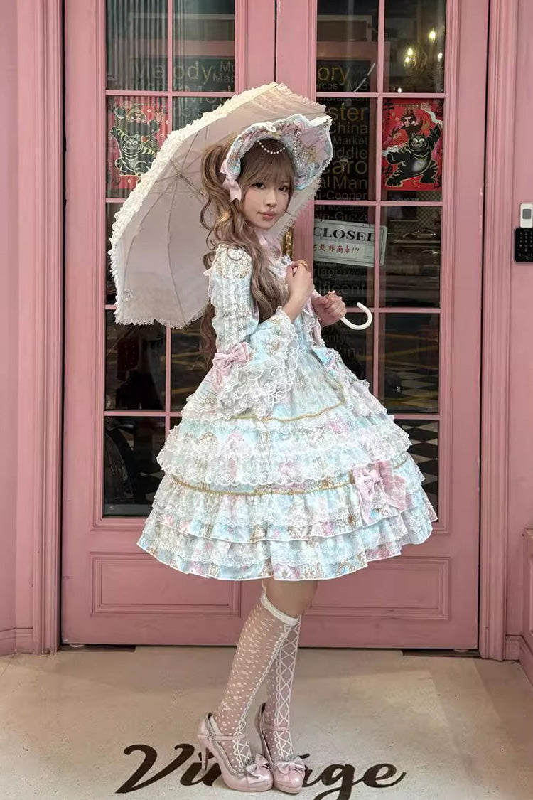 Long Flared Sleeves Multi-Ruffle Bow Lace Elegant Gown - Candlelight Elegance