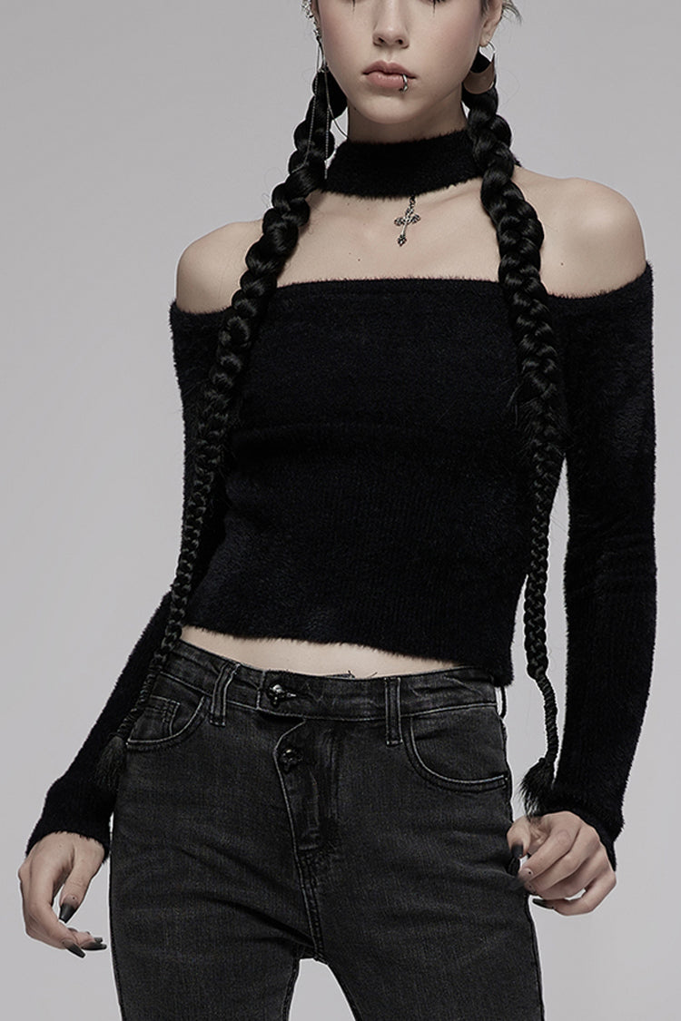 Punk Long Sleeve Top with Metal Cross & Hollow-Carved Knit Design in Black