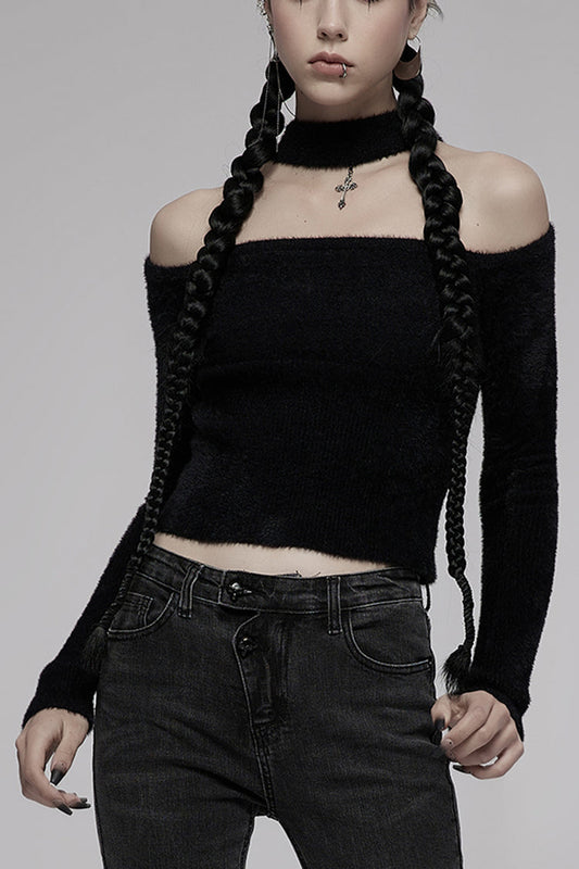 Punk Long Sleeve Top with Metal Cross & Hollow-Carved Knit Design in Black
