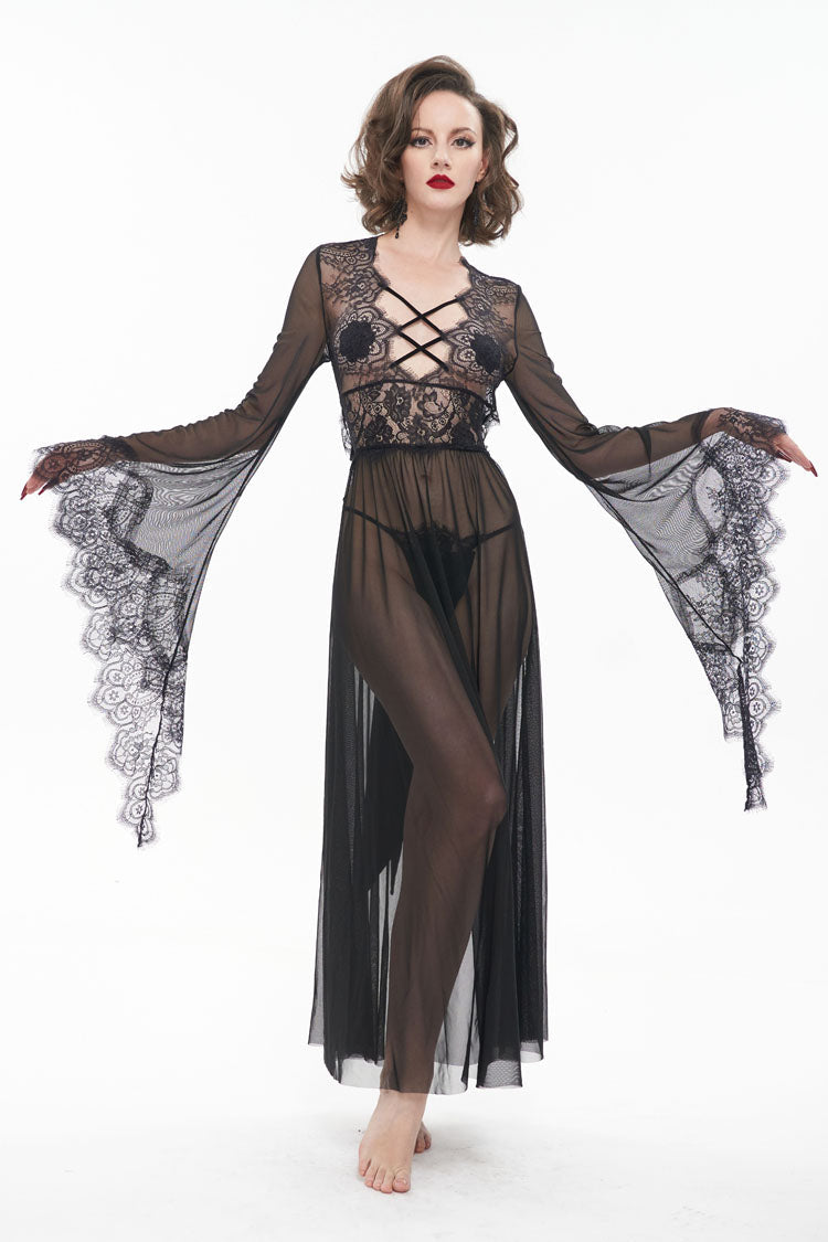 Sheer Backless Lace Bell-Sleeve Goth Gown