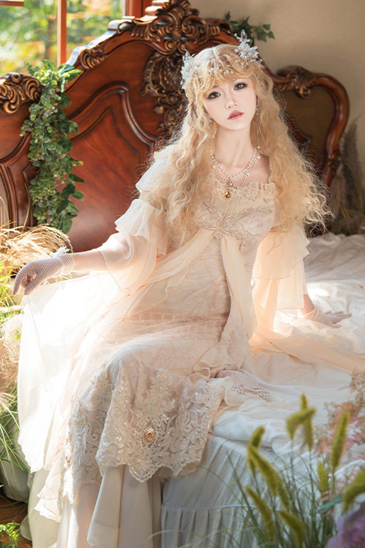 Bathing in the Light Short Sleeves Dress, Ruffle Embroidery Lace Sweet Elegant
