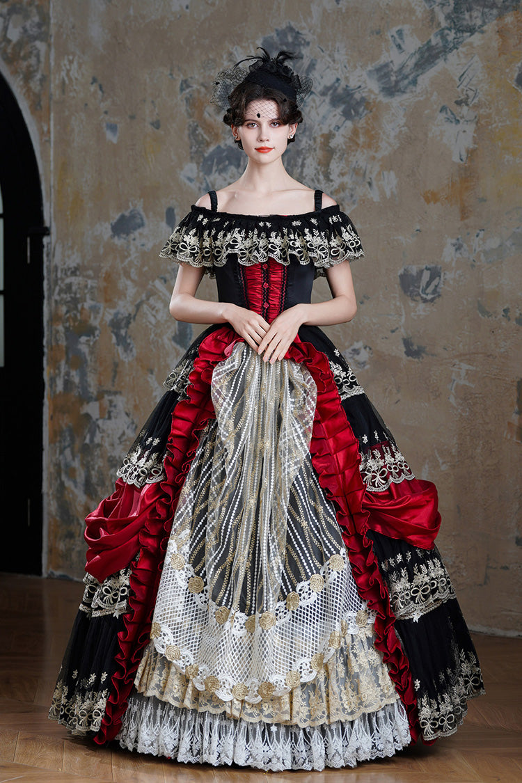 Crimson & Noir Off-Shoulder Short Sleeve Ruffled Mesh Victorian Lolita Palace Dress