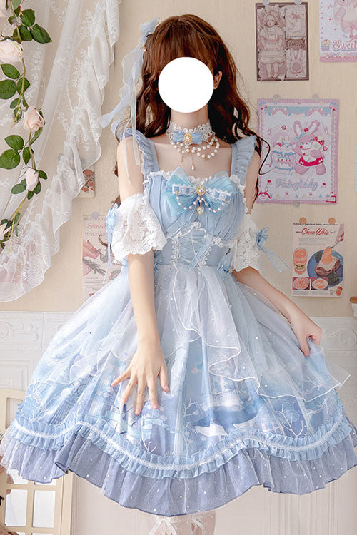 Ocean Whale Print Bowknot Multi-Layered Ruffled Princess JSK