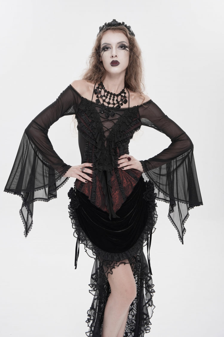 Crimson & Noir Off-Shoulder Long Bell Sleeve Ruffled Embroidered Lace-Up Gothic Blouse