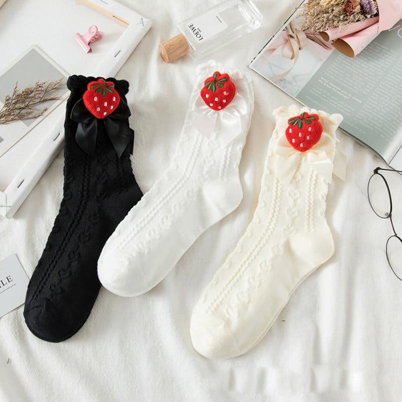 Berry bow ruffle lace socks - berries - berry - fruit - kawaii - lace socks