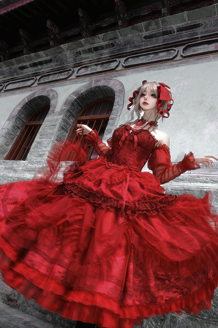 Burgundy Cross-Strap Bow Lace Princess Gothic Lolita Gown