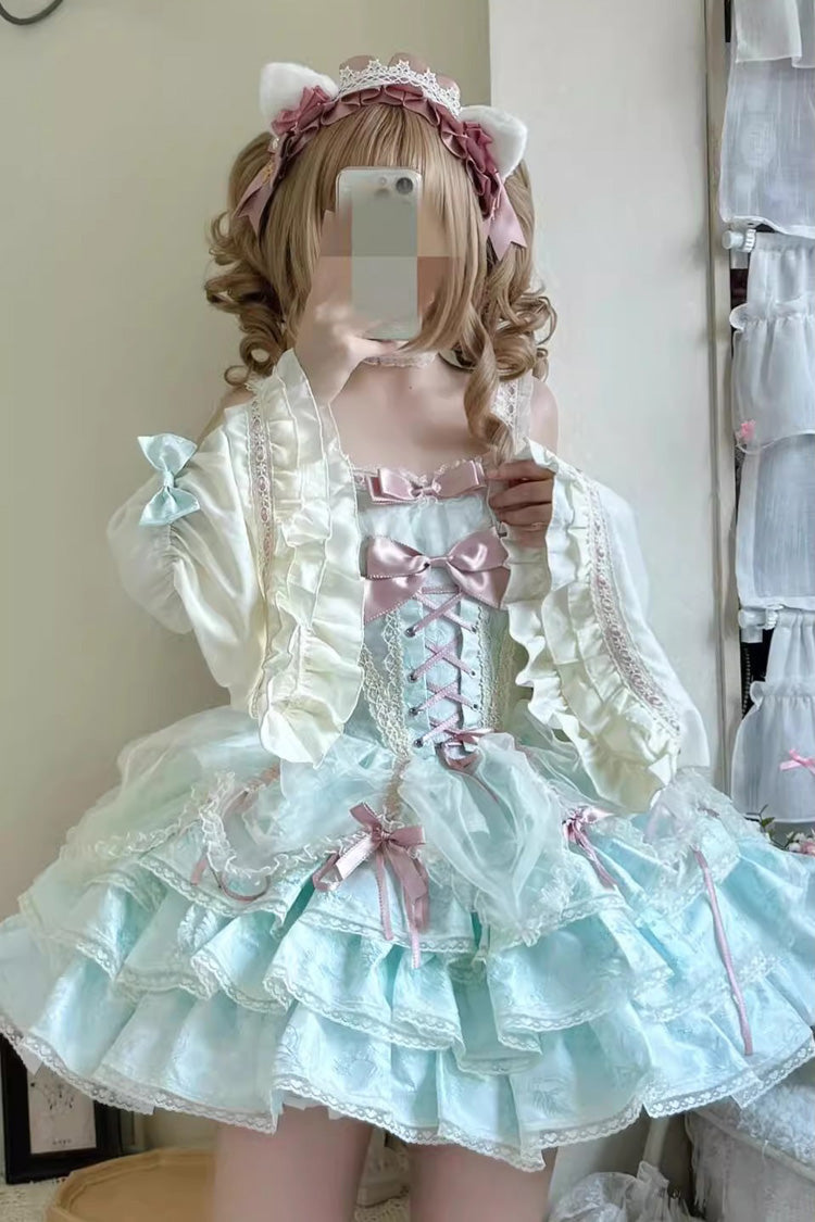 Emerald Sleeveless Multi-Layer Ruffle Bow Lace-Up Sweet Princess Lolita JSK