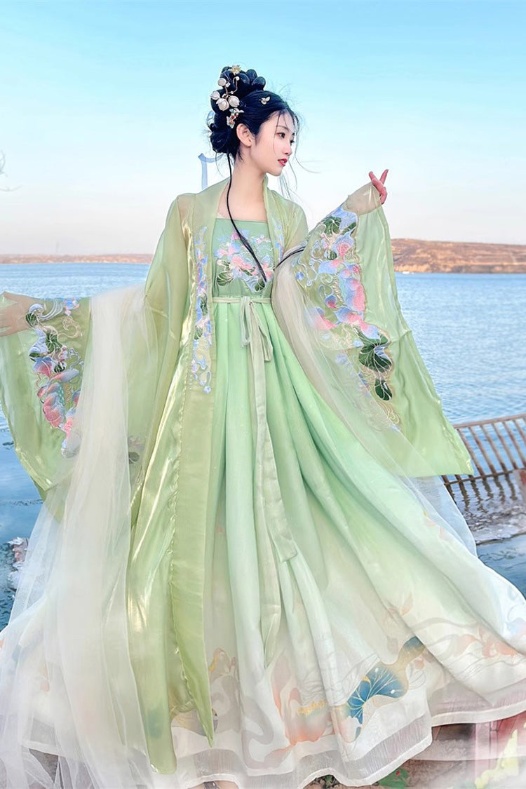 Emerald Tang Dynasty Long Trumpet Sleeve Print Embroidered Sweet Hanfu Gown