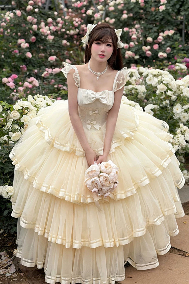 Sweet Organza Satin Sleeveless Multi-Layered Ruffled Hanayome Bow Lace Sweet Elegant Princess Lolita Jsk Dress