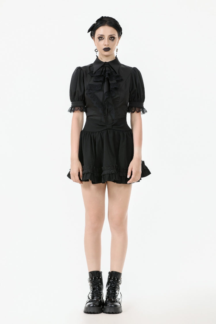 Lapel Collar Puff Sleeve Blouse with Removable Cravat - Gothic Edge