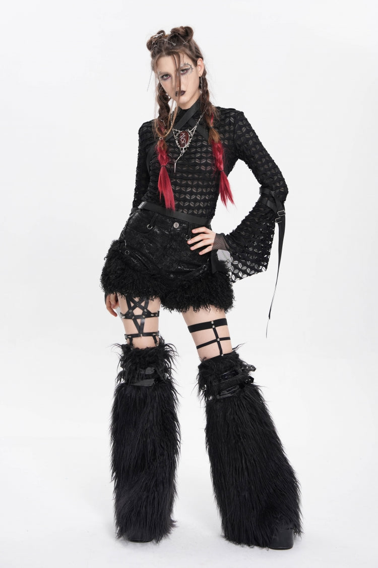 Plush Stitched Punk Shorts with Buckle Straps - Gothic Edge
