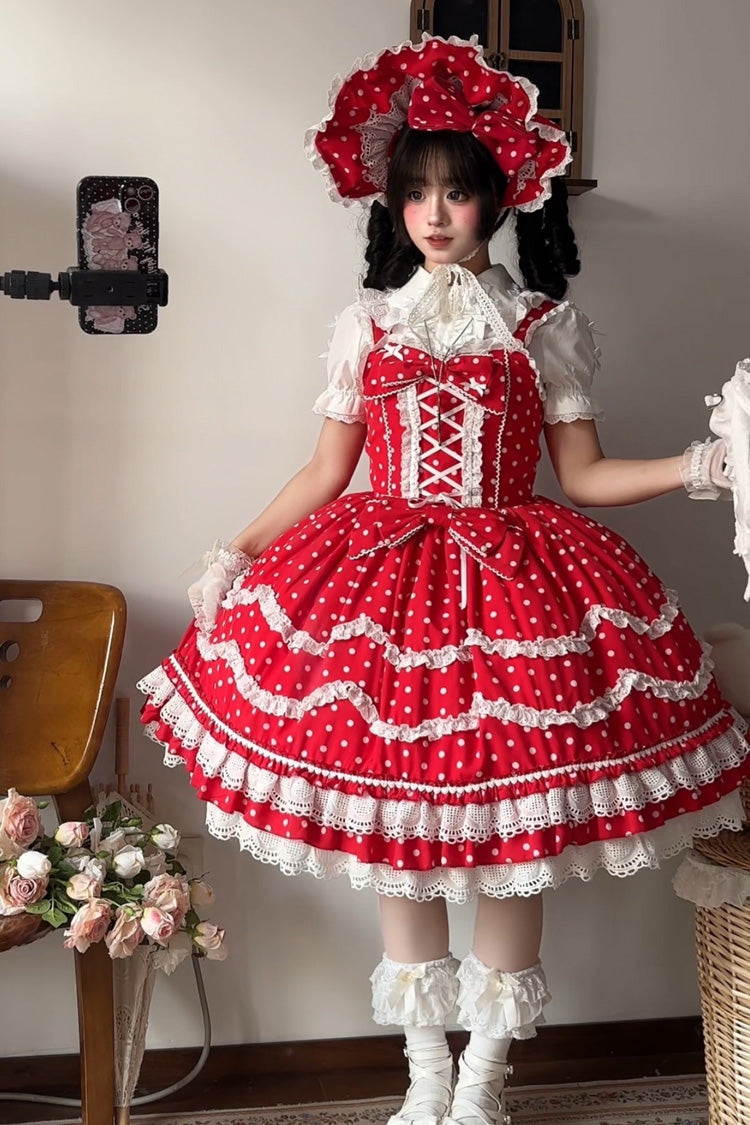 Ruby Polka Dot Ruffle Dress with Corset Lacing