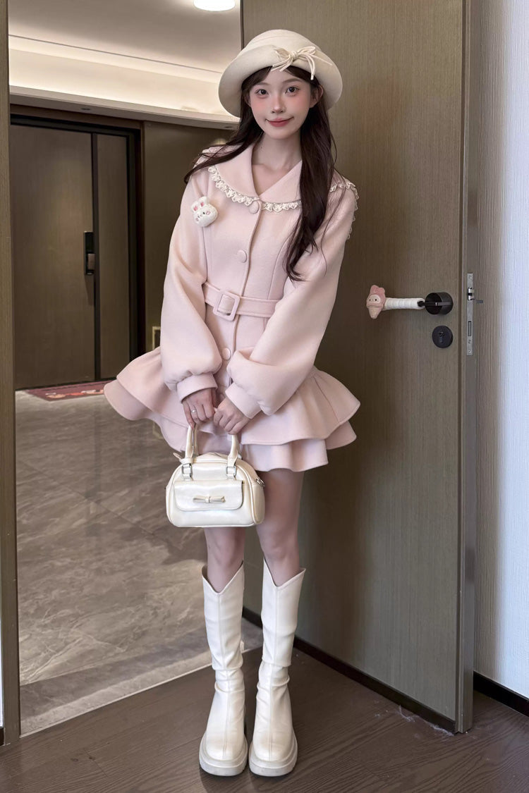 Berry Champagne Doll Collar Wool-Blend Coat, Long Sleeves Double-Layered Ruffled
