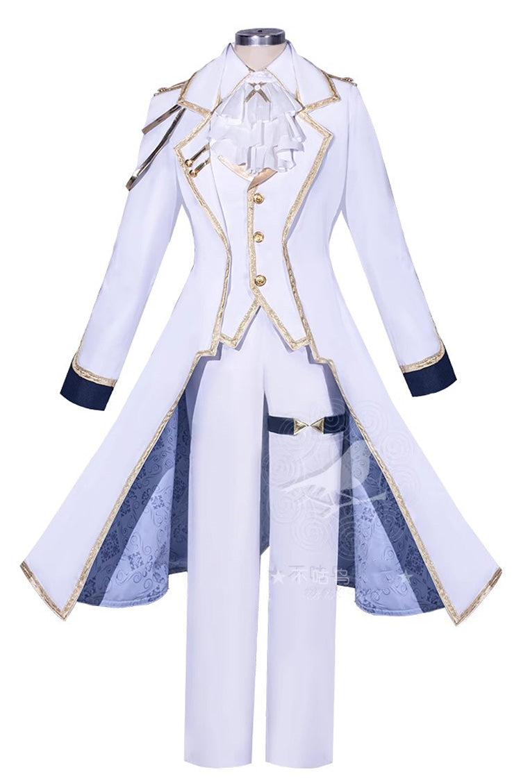 White Angelic Prince Elegant Ouji Lolita Ensemble with Coat, Shirt, Trousers, Waistcoat, Scarf