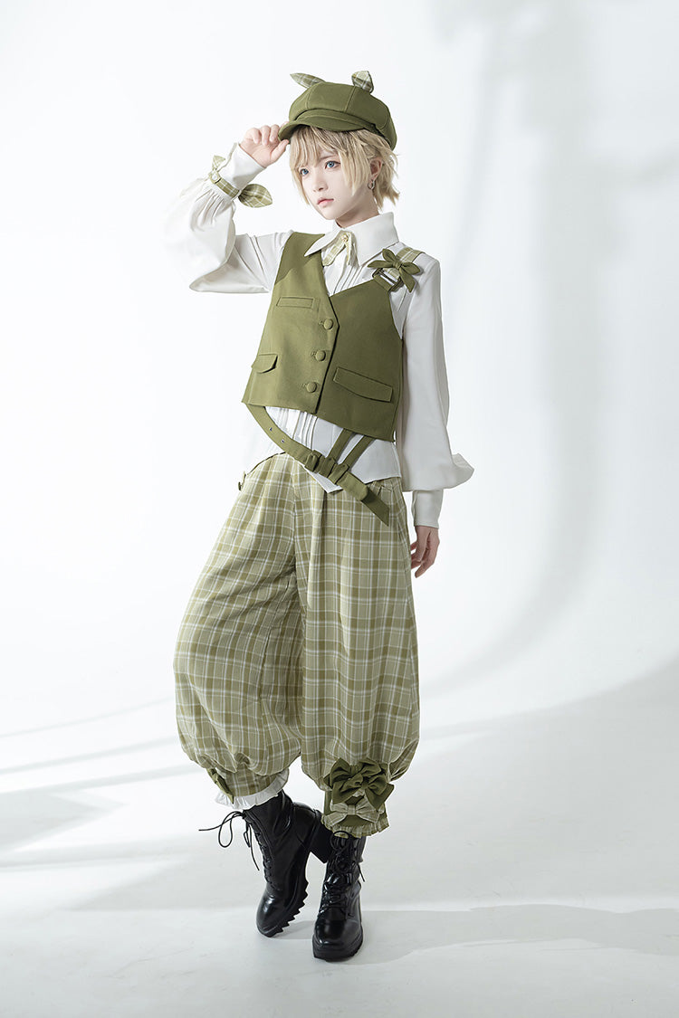 Ouji Lolita Vest with Plaid Pants - Matcha Green - Secret Morning Post - Dual