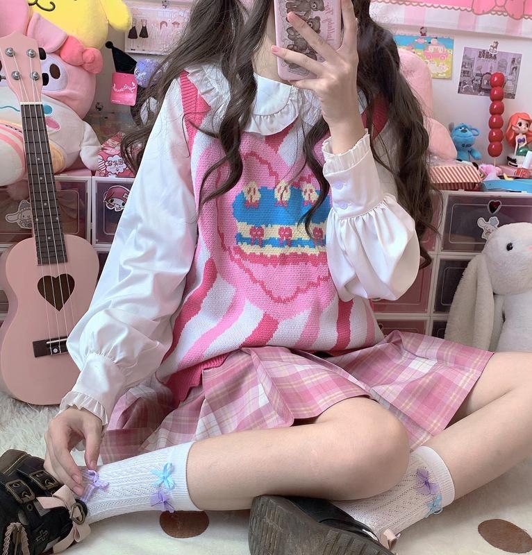 Birthday Cake Knit Vest - Pink - cake, cakes, candy, decora, decora kei