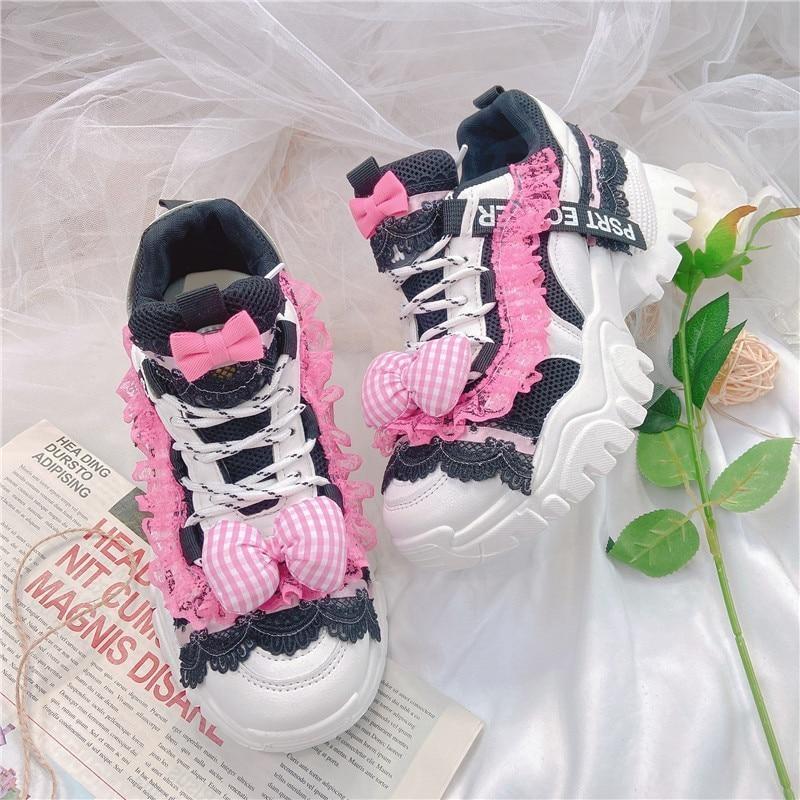 Black & Pink Lolita Sneakers - athletic shoes, doctor, lace up sneakers, platform runners