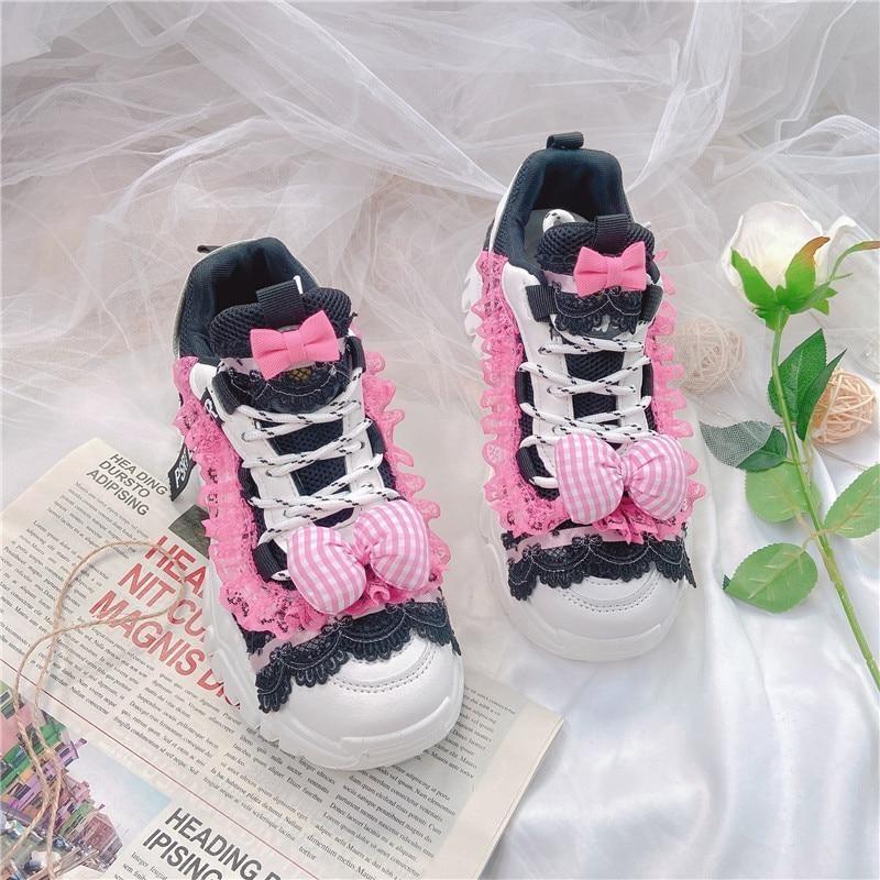 Black & Pink Lolita Sneakers - athletic shoes, doctor, lace up sneakers, platform runners