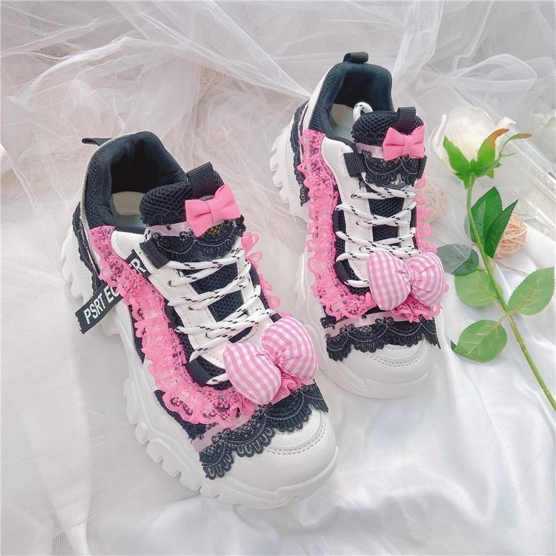 Black & Pink Lolita Sneakers - athletic shoes, doctor, lace up sneakers, platform runners