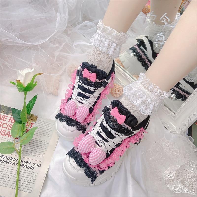 Black & Pink Lolita Sneakers - athletic shoes, doctor, lace up sneakers, platform runners