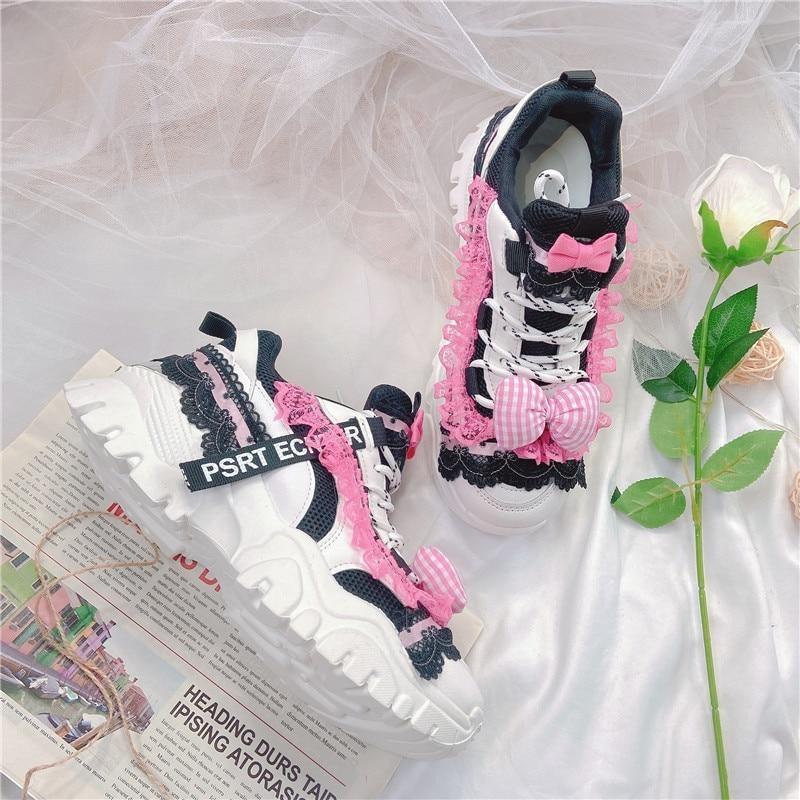 Black & Pink Lolita Sneakers - athletic shoes, doctor, lace up sneakers, platform runners