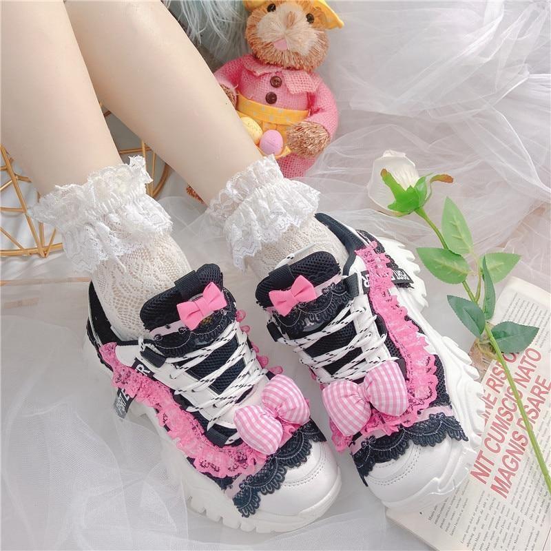 Black & Pink Lolita Sneakers - athletic shoes, doctor, lace up sneakers, platform runners