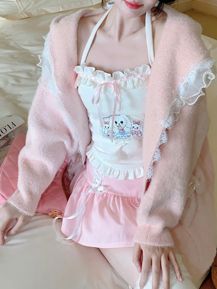 Bunny Tea Party Halter Top - angelcore, angelic, angels, bunnies, coquette Kawaii Babe