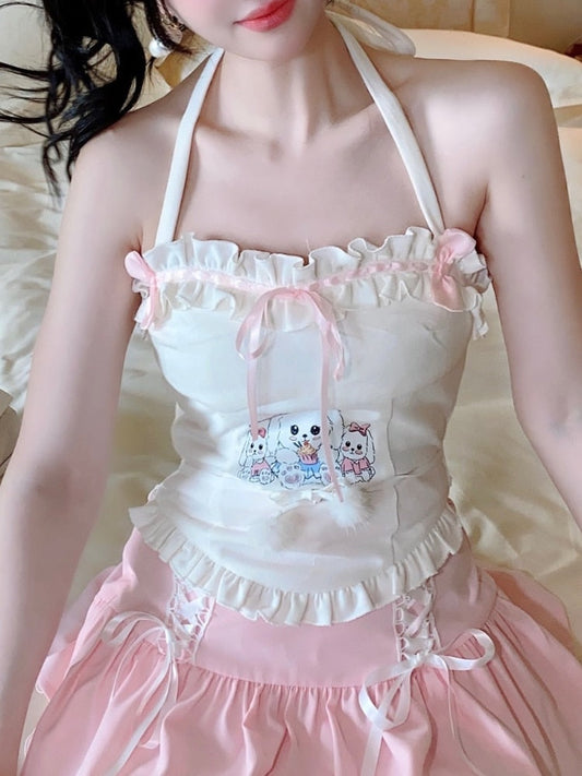 Bunny Tea Party Halter Top - angelcore, angelic, angels, bunnies, coquette Kawaii Babe