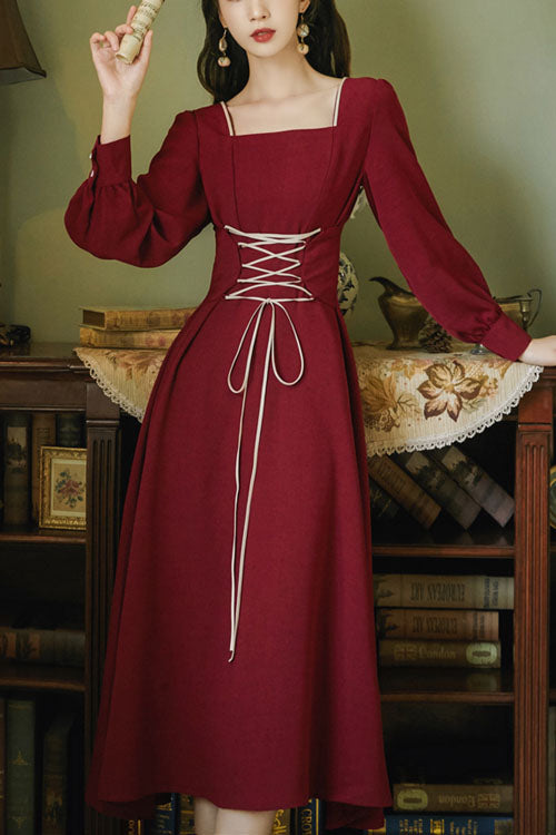 Burgundy European Manor Square Neckline Long Sleeve High Waist Classic Lolita One-Piece Dress