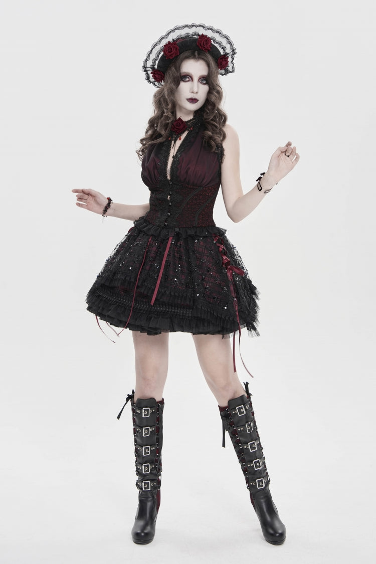 Crimson & Noir Off-Shoulder Double-Layer Embroidered Lace-Up Fitted Gothic Corset Vest