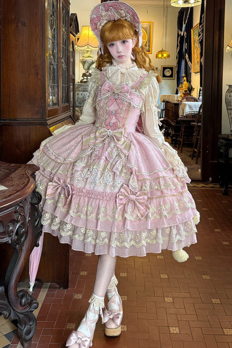 Pink Gem Crown Triple Ruffle Bow Lace Elegant Lolita JSK