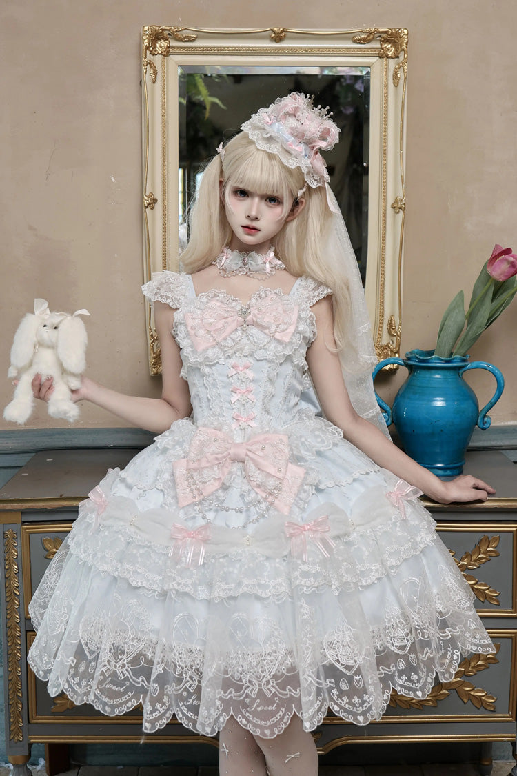 Square Collar Flutter Sleeves Jacquard Ruffled Bow Princess JSK - Bunny Dream Letter