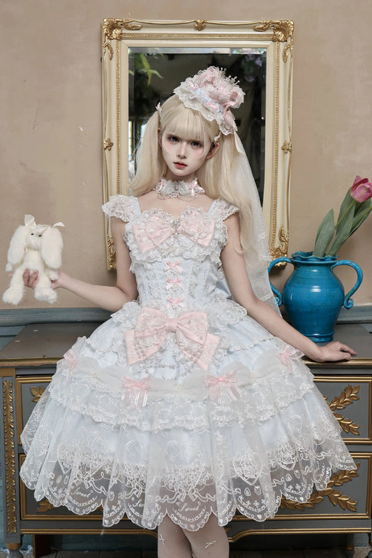 Square Collar Flutter Sleeves Jacquard Ruffled Bow Princess JSK - Bunny Dream Letter