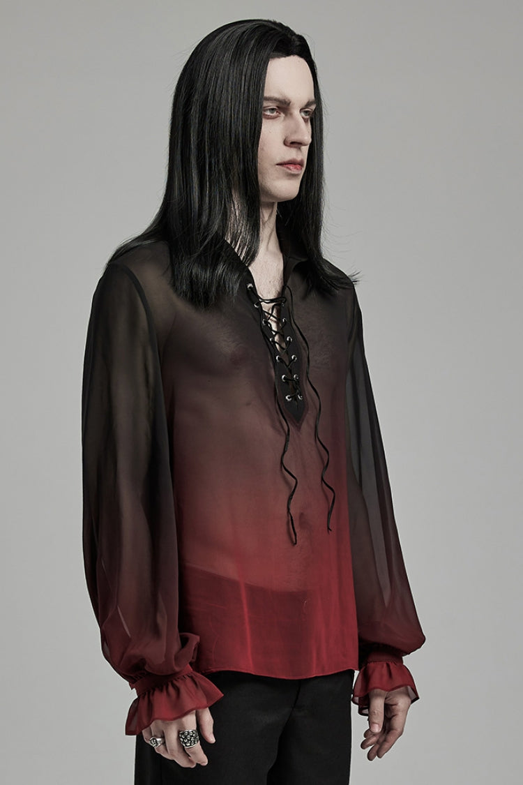 Crimson Noir Sheer Gradient Long-Sleeve Men's Gothic Blouse