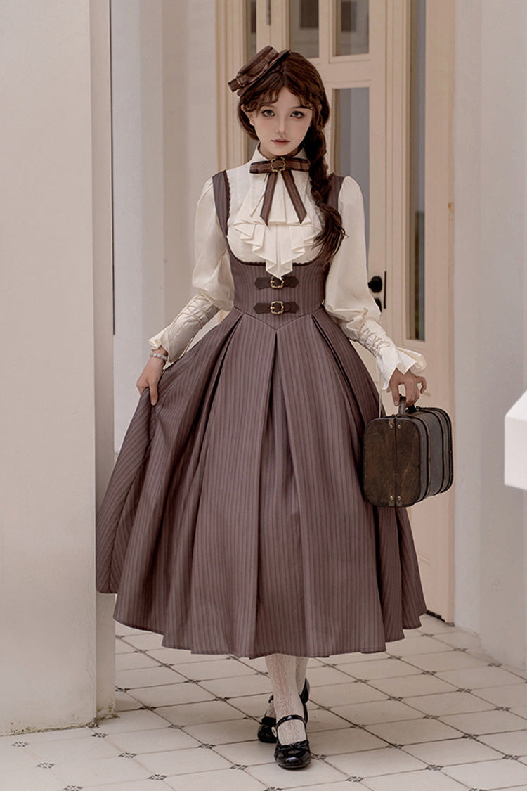 Chocolate Striped Print Breast Support Long Lolita Dress - Manchester City's Past