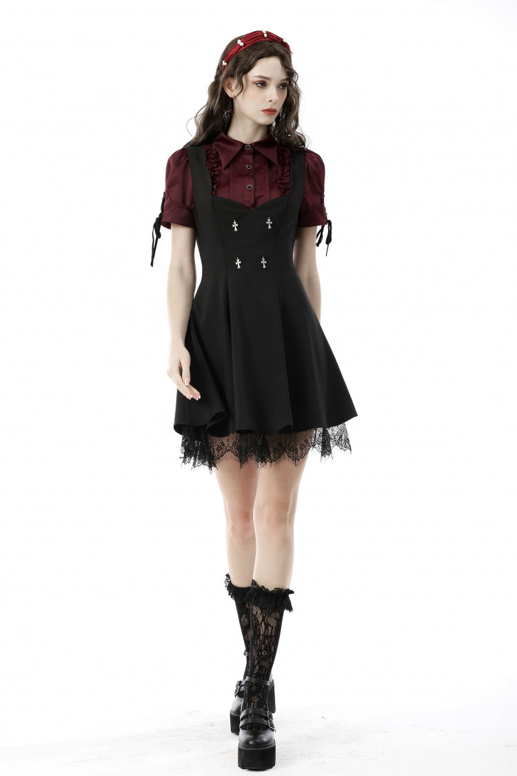 Burgundy Point Collar Short Puff Sleeve Ruffled Gothic Elegant Women's Blouse