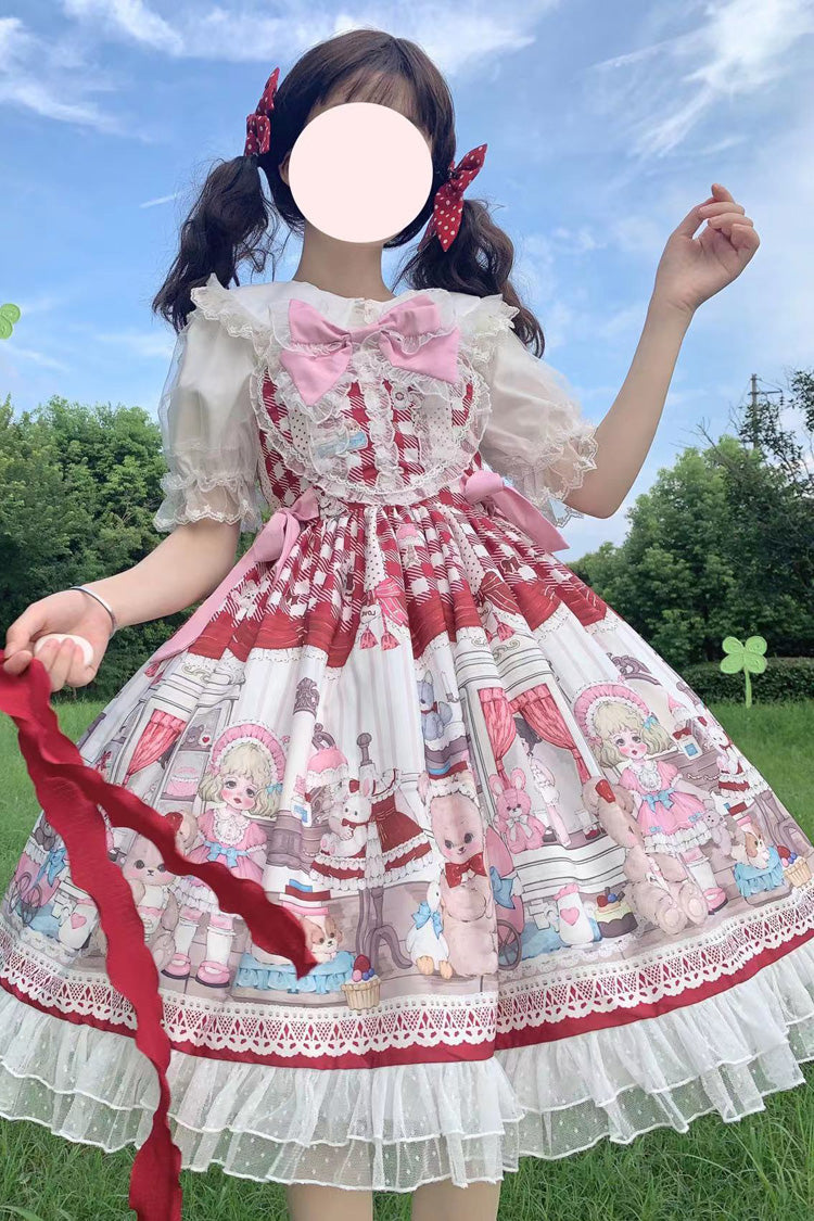 Burgundy Plush Bear and Doll Print JSK with Lace Accents