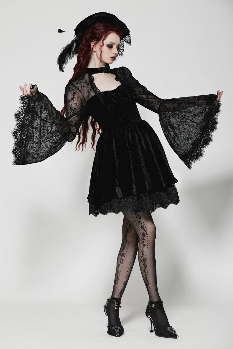 Floral Jacquard Lace-Up Mini Dress with Trumpet Sleeves and Cut-Outs