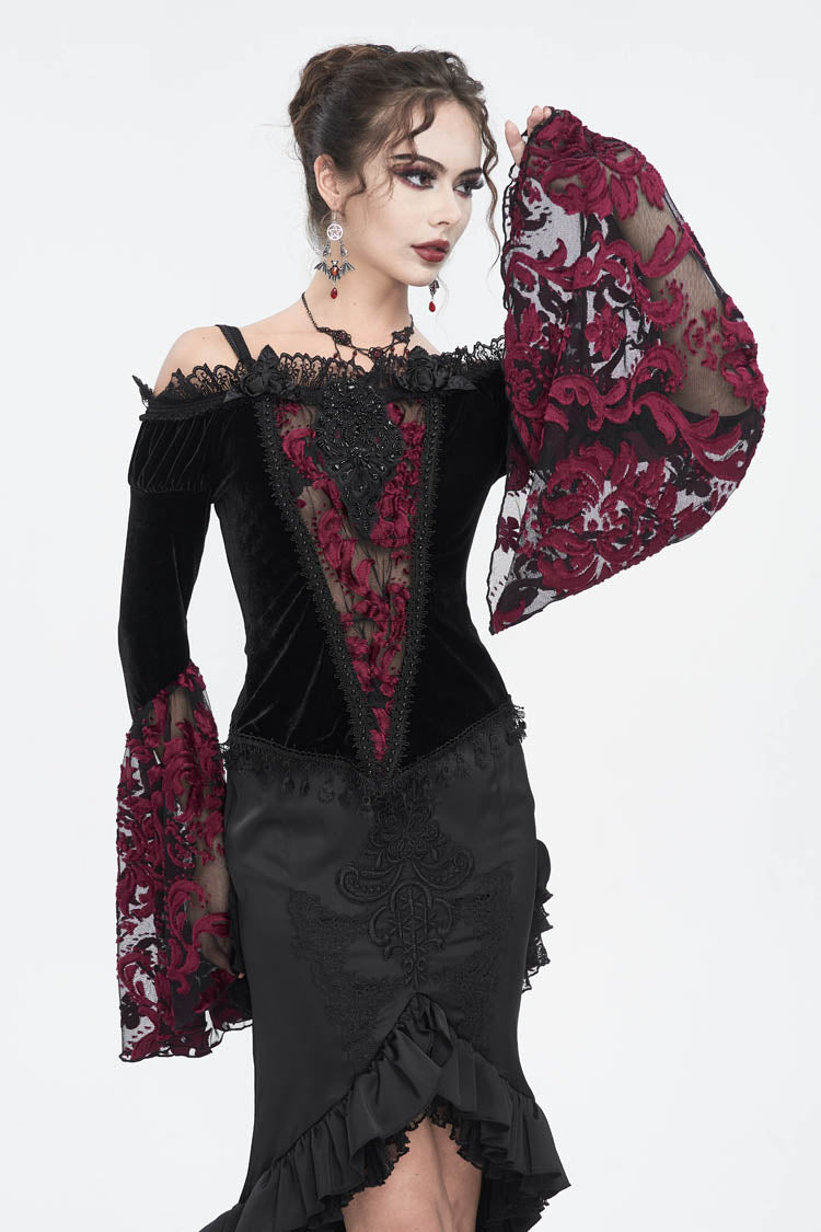 Crimson & Noir Off-Shoulder Flared Sleeve Embroidered Lace Gothic Top