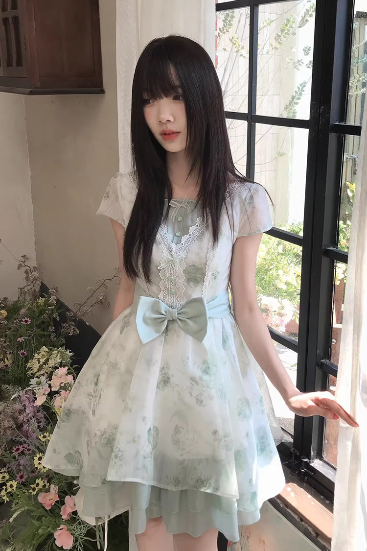 Emerald Short Sleeve Floral Print Bow Lace Sweet Princess Lolita Dress